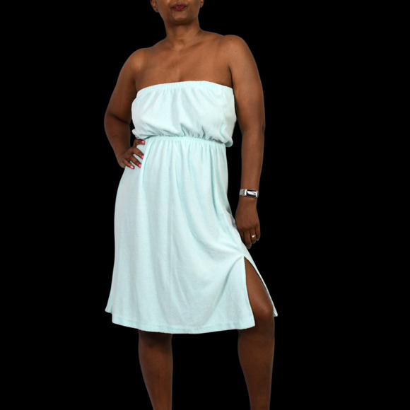 Vintage Terry Towel Dress Blue Swim Coverup Strapless Tube Slits Cotton Medium - Picture 1 of 13